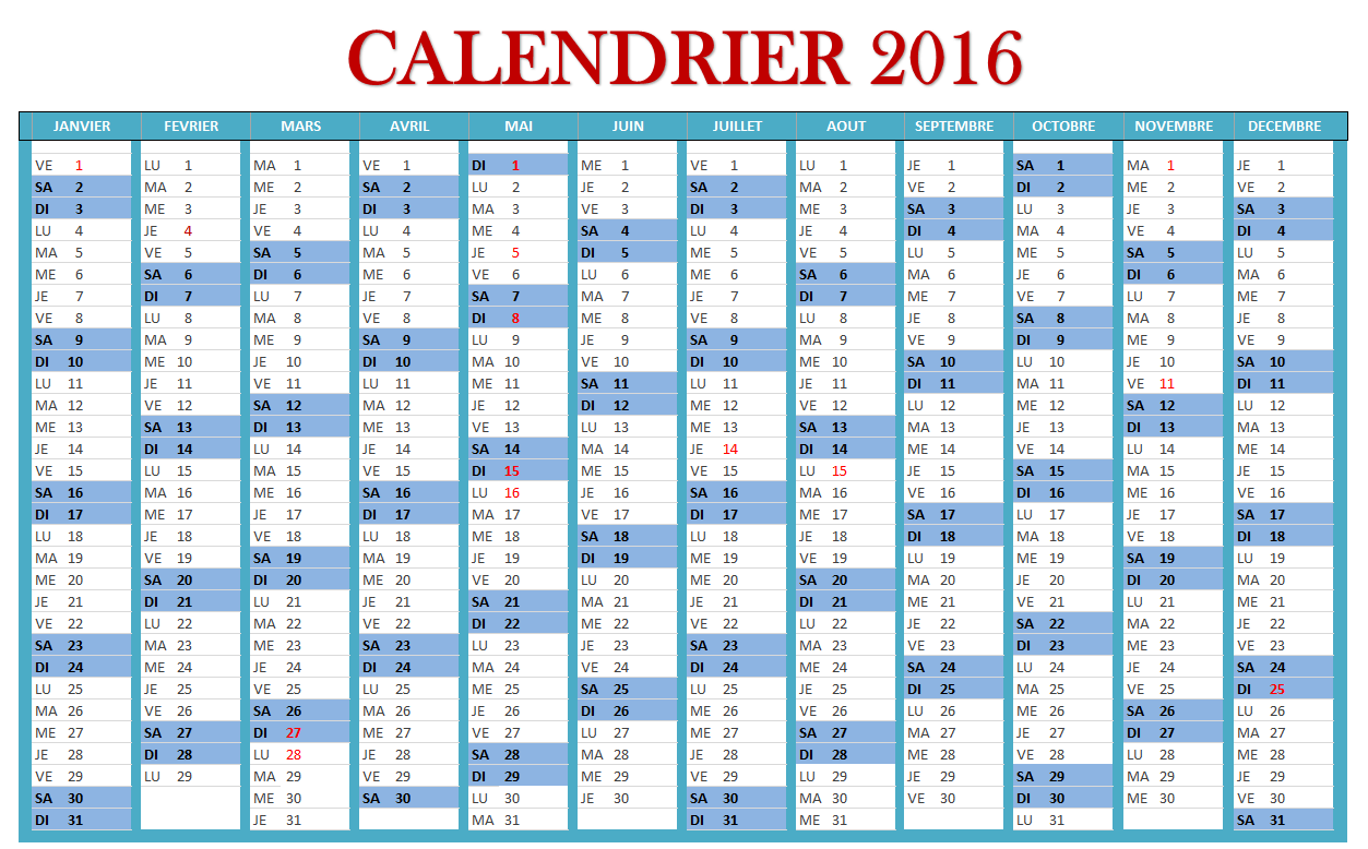 Calendrier 2016