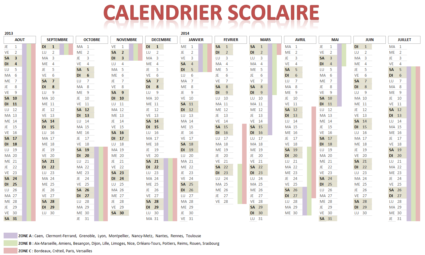 Calendrier année scolaire 2015 2016