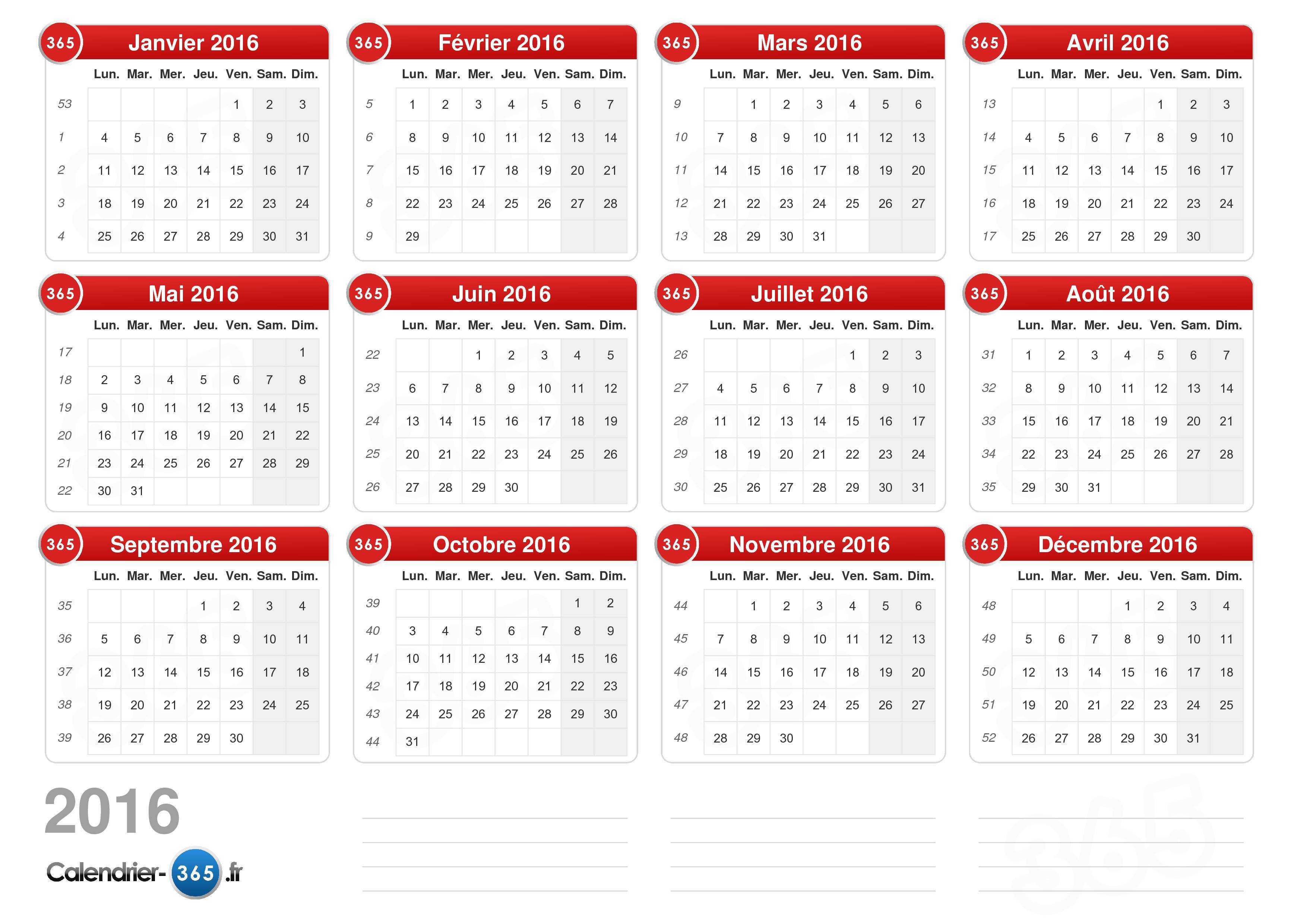 calendrier 2016